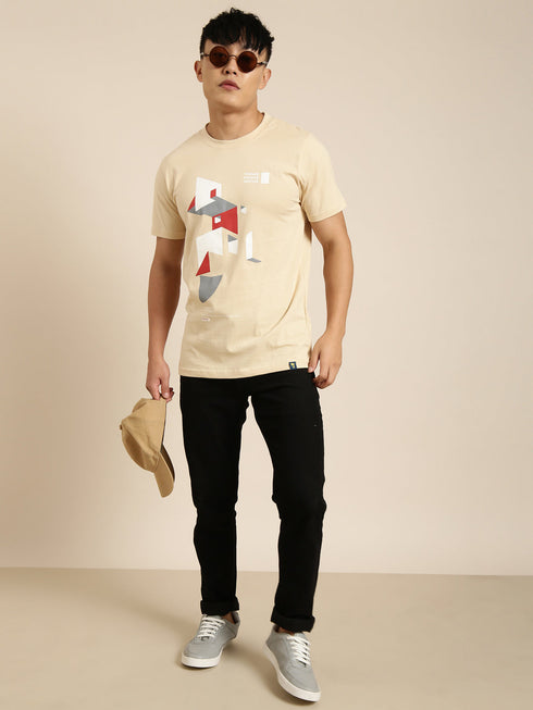 Beige Printed Crew Neck T-shirt